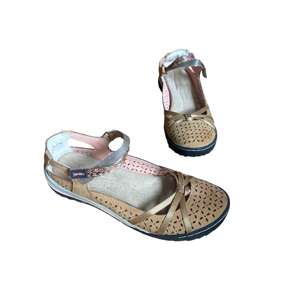 Jambu Cherry Blossom Tan Leather Floral Mary Jane Flats Shoes 8.5M Comfort